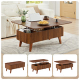 3 in 1 Lift Top Coffee Table, Fluted Convertible Coffee Tables Converts to Dining Tables, Modern Oval Wooden Center Table with Storage for Living Room Office Small Space, Partial Assembly (Walnut) ORRD