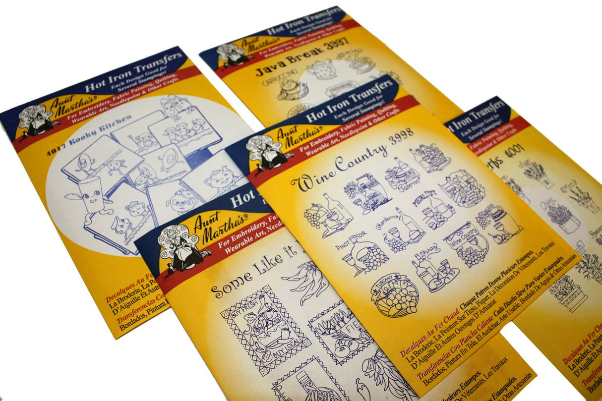 Aunt Martha's Iron On Transfer Patterns for Stitching, Embroidery or Fabric Painting, Patterns for Tea Towels/Kitchen Decor, Set of 5 Aunt Martha's