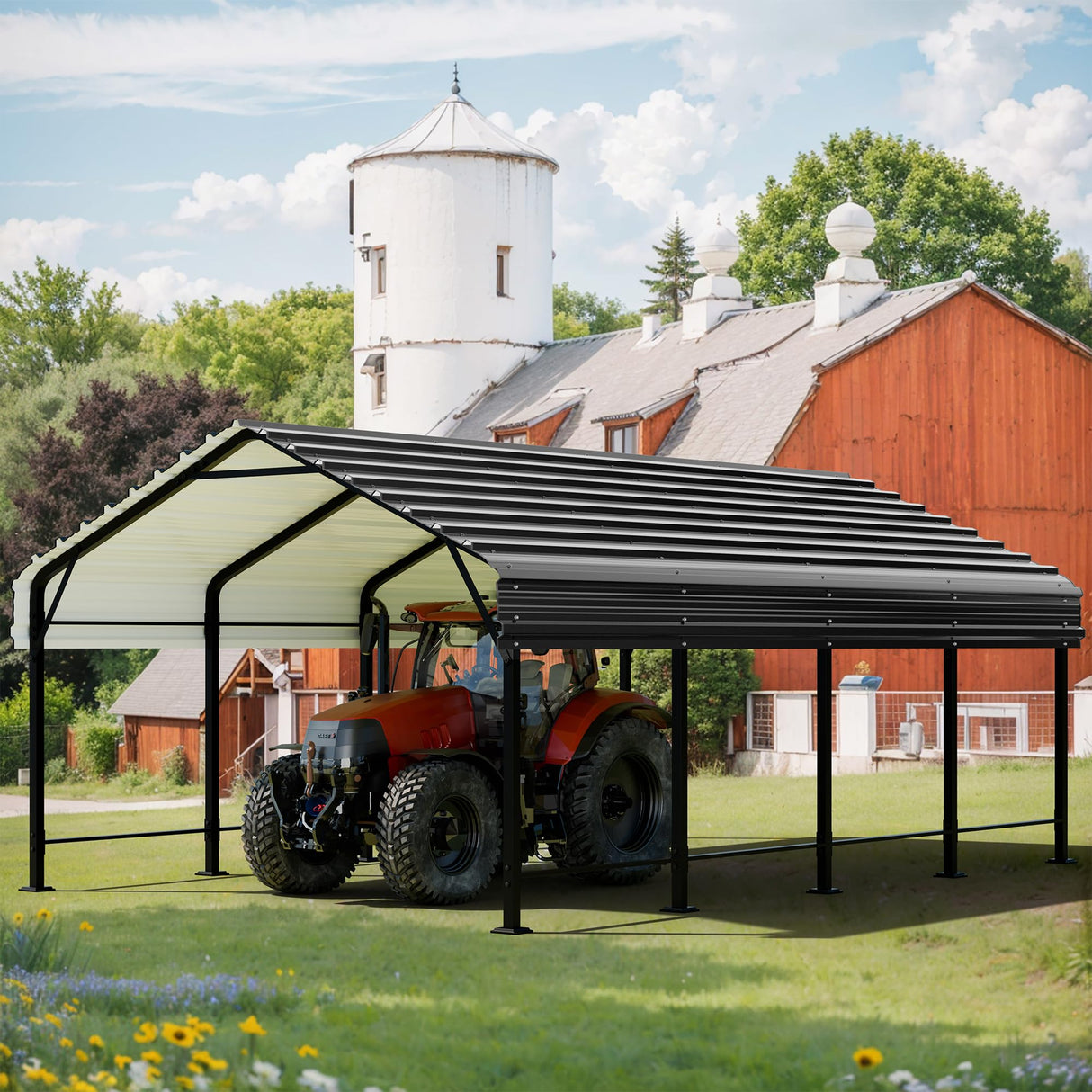 JAMFLY 12X20 FT Metal Carport, Heavy Duty Carport Canopy with Galvanized Steel Roof and Frame, Metal Car Garage Upgraded Extra Large Garage for Pickup, Boat, Car and Tractors (12 * 20 FT) JAMFLY