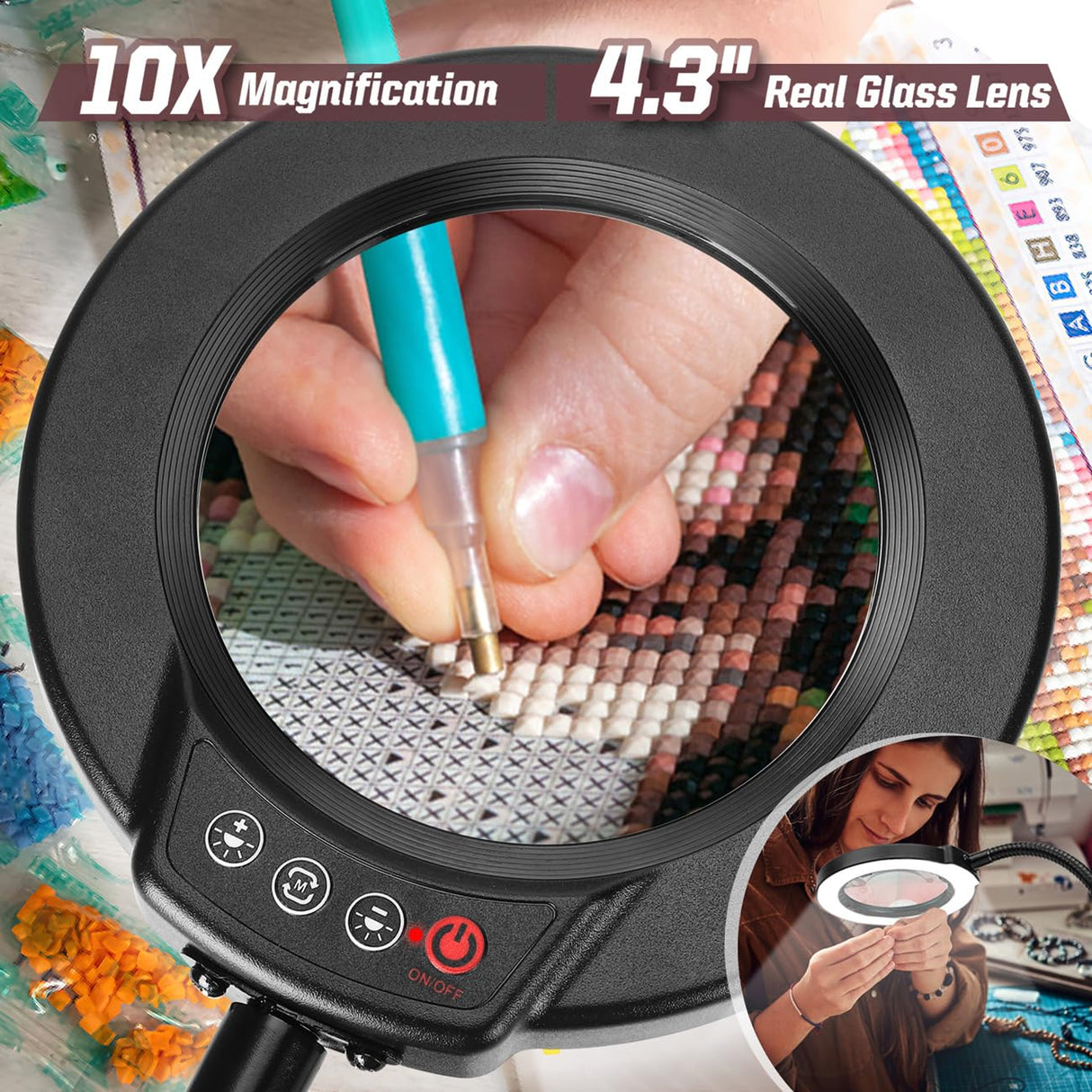 Krstlv 10X Magnifying Glass with Light and Stand, 5 Color Modes Stepless Dimmable LED Lighted Desk Lamp, Hands Free Flexible Gooseneck Magnifier with Light for Craft Hobby Painting Sewing Close Work Krstlv