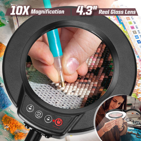 Krstlv 10X Magnifying Glass with Light and Stand, 5 Color Modes Stepless Dimmable LED Lighted Desk Lamp, Hands Free Flexible Gooseneck Magnifier with Light for Craft Hobby Painting Sewing Close Work Krstlv
