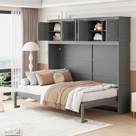 Merax Modern Farmhouse Solid Wood Murphy Cabinet Bed with Top Cabinets, Tall Wall Platform Bed No Box Spring Needed/Easy Assemble Queen,Gray Merax