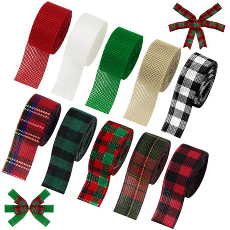 Whaline 10 Rolls 50 Yards Christmas Burlap Ribbon Rolls 1 Inch Wired Plaid Wrapping Ribbons Xmas Decorative Ribbon for Wreath Bow Gift Decor Whaline