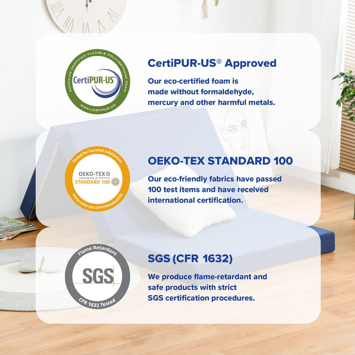 Olee Sleep Tri-Folding Memory Foam Mattress Topper, 4 Inch Gel Folding Mattress for Camping, Foldable Guest Bed, Washable Cover, CertiPUR-US Certified, Soft, Blue, Single Size Olee Sleep