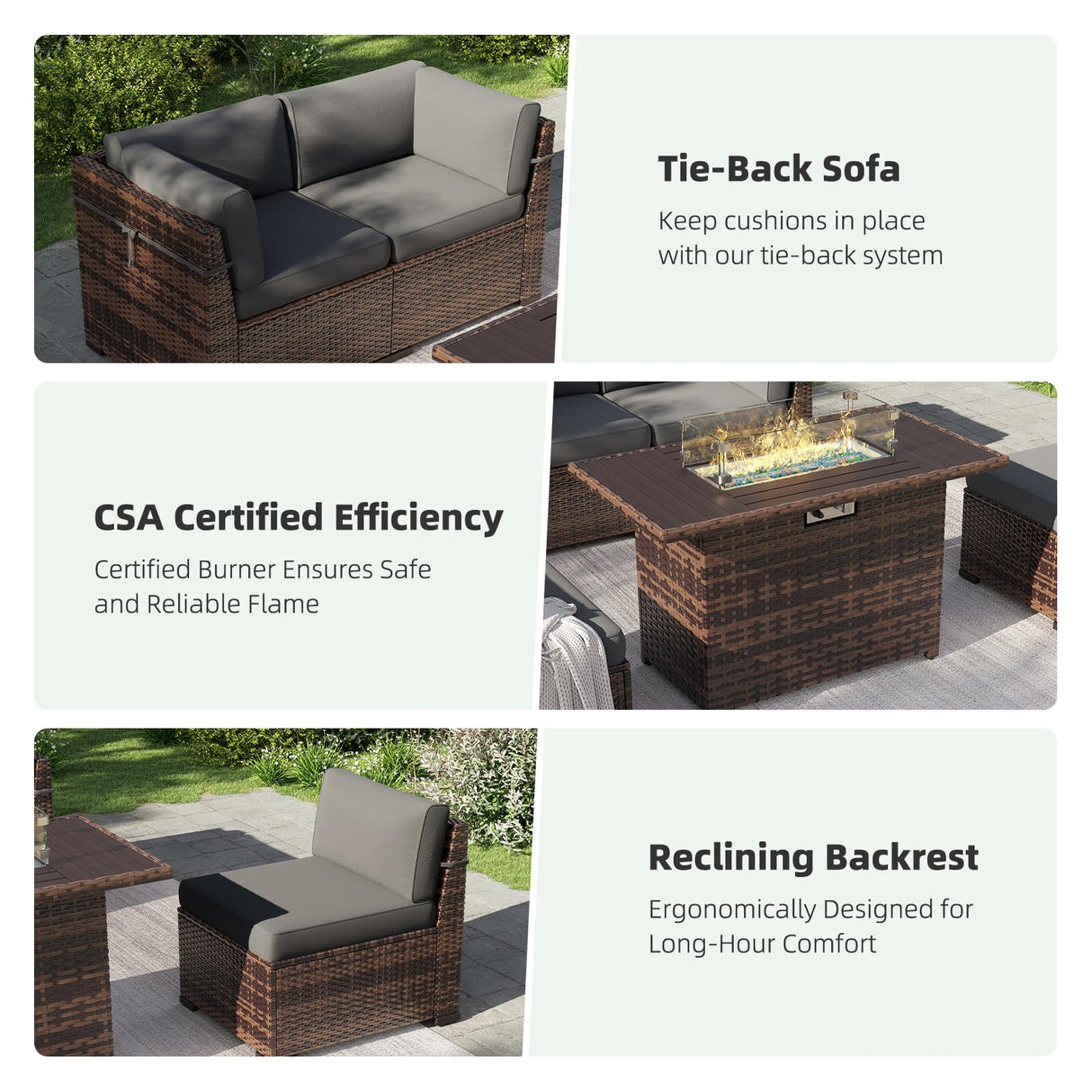Amopatio 8-Piece Outdoor Patio Furniture Set with 44" Fire Pit Table, Modern Rattan Sectional Couch with Tempered Glass Coffee Table, Thickened Cushions and Include Waterproof Cover (Dark Grey) Amopatio