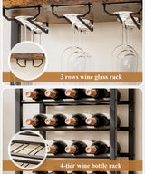 Vilaxing Wine Rack Freestanding Floor, Liquor Bar Cabinet with Storage Drawer, 4-Tier Bottle and 3-Row Glass Holder with Tabletop for Home Kitchen Living Room Vilaxing