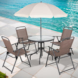 Shintenchi 6 Piece Patio Dining Set with Umbrella, Outdoor Furniture Set with 4 Folding Chairs and Tempered Glass Top Dining Table fot Lawn Backyard Garden Porch Brown and Beige Shintenchi