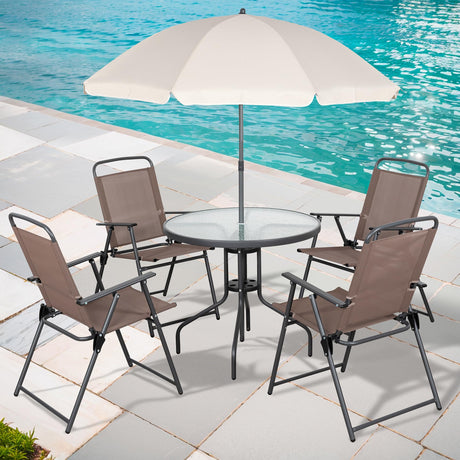 Shintenchi 6 Piece Patio Dining Set with Umbrella, Outdoor Furniture Set with 4 Folding Chairs and Tempered Glass Top Dining Table fot Lawn Backyard Garden Porch Brown and Beige Shintenchi