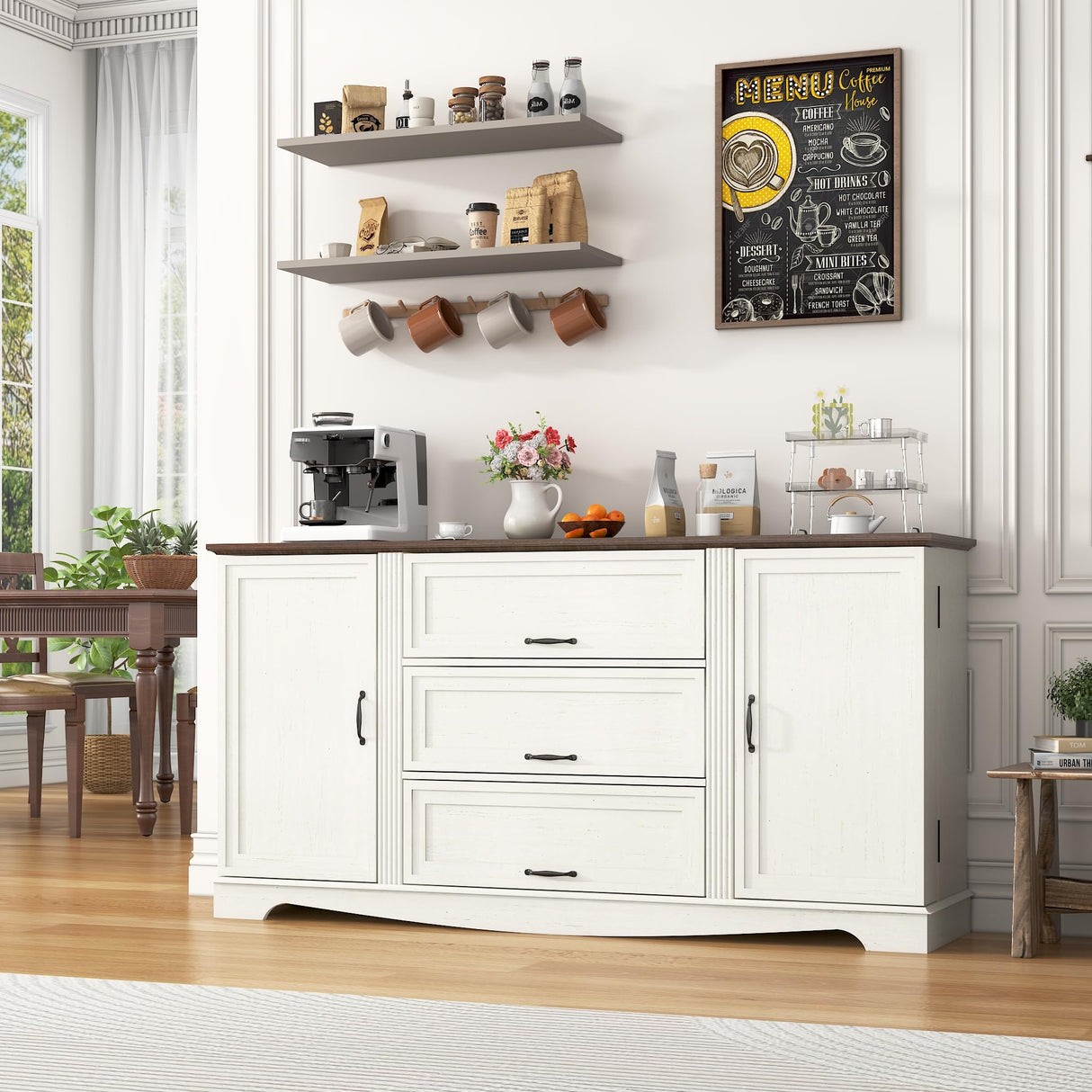 65" Sideboard Buffet Cabinet with Storage, Farmhouse Kitchen Pantries Sideboard Cabinets with Drawer, Wood Coffee Bar Cabinet with Adjustable Shelves, Storage Cabinets for Kitchen, Antique White chartustriable