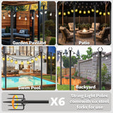 6 Pack 10 ft Heavy Duty Metal String Light Poles Adjustable Outdoor Lighting Stand for Patio,Backyard,Garden,Party & Wedding Rustproof & Sturdy with Hooks talkhigh