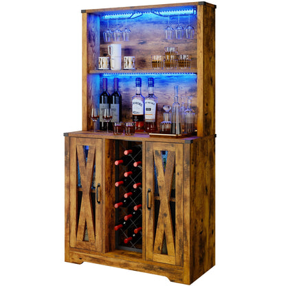 YITAHOME Wine Bar Cabinet with LEDLights, 65 Inch Farmhouse Liquor Cabinet Coffee Bar with Adjustable Shelves, Kitchen Storage Cabinet for Dinning Room, Kitchen, Living Room, Rustic Oak