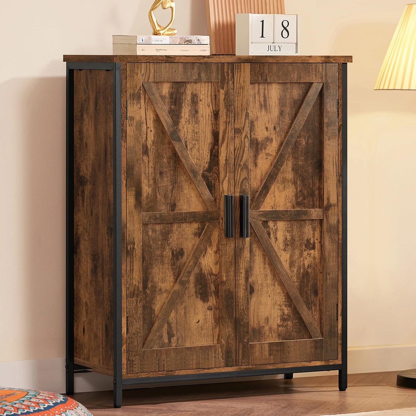 FIONESO Storage Cabinet, Farmhouse Cabinet with Barn Doors & Shelf, Entryway Cabinet, Small Cabinet for Living Room, Dining Room, Entryway, Rustic Brown