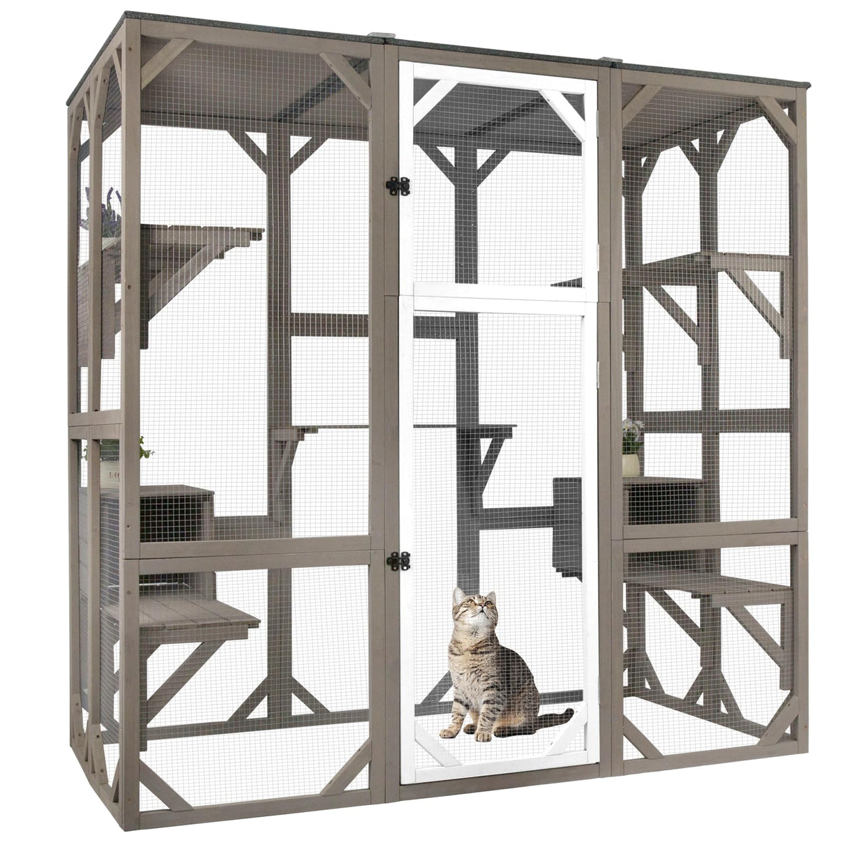 Ketive Outdoor Catio Cat Enclosure, Large Cat House with Multi-Level Platforms, Waterproof Roof, and Pull-Out Tray (71.45" L x 36.61" W x 70.86" H) ketive