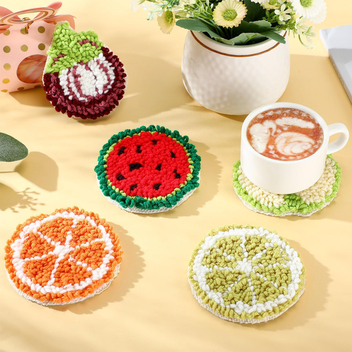 Yaomiao 6 Pcs Fruit Punch Needle Coaster Kit Punch Needle Embroidery Kits Craft Supplies with Patterns Yarns Tools Adhesive Felt Embroidery Hoop Instruction Holder for Adult DIY Yaomiao