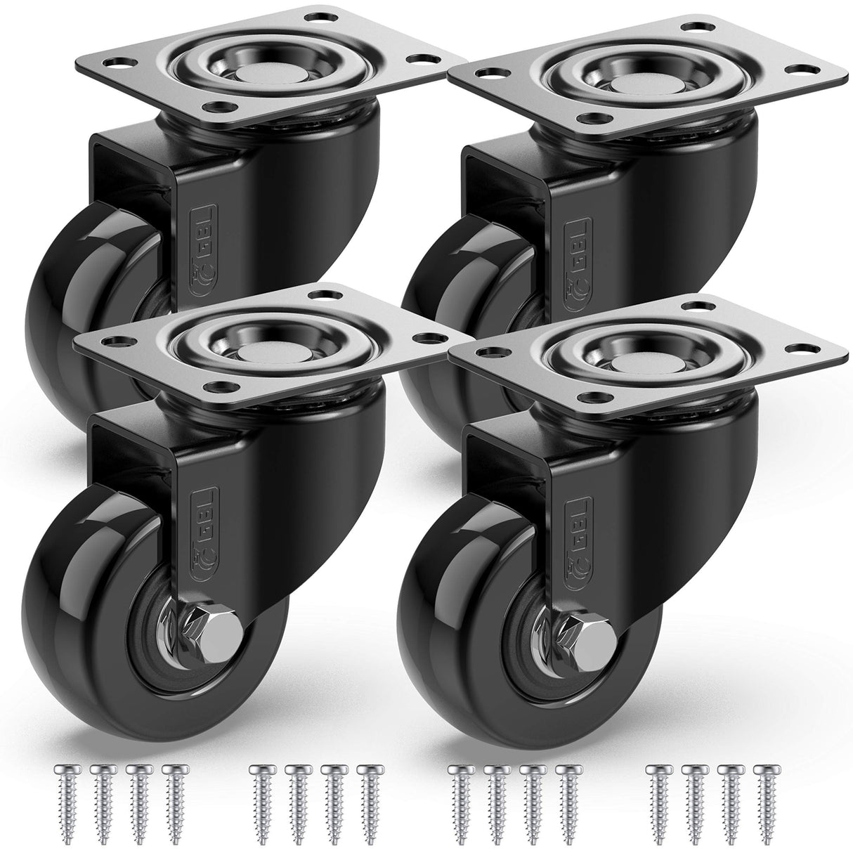 GBL 2" Heavy Duty Caster Wheels Without Brakes + Screws - up to 440Lbs - Set of 4 No Floor Marks Silent Castor for Furniture - Rubbered Trolley or Pallet Swivel Wheels - Black Casters GBL