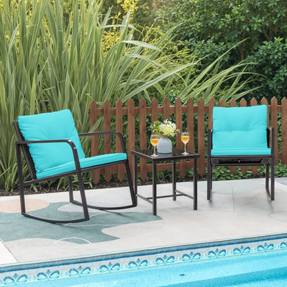 Greesum 3 Pieces Rocking Rattan Wicker Bistro, Patio Furniture Set with Soft Cushion and Glass Coffee Table, Design for Poolside Yard Garden, Blue - WoodArtSupply