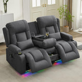 URRED Power Reclining Loveseat Sofa with Console, RV Couch Loveseat Recliner Sofa with Massage & Heat, LED Light, Cupholders, Bluetooth Speakers, USB Charge Ports, Outlets, Leathaire, Gray URRED