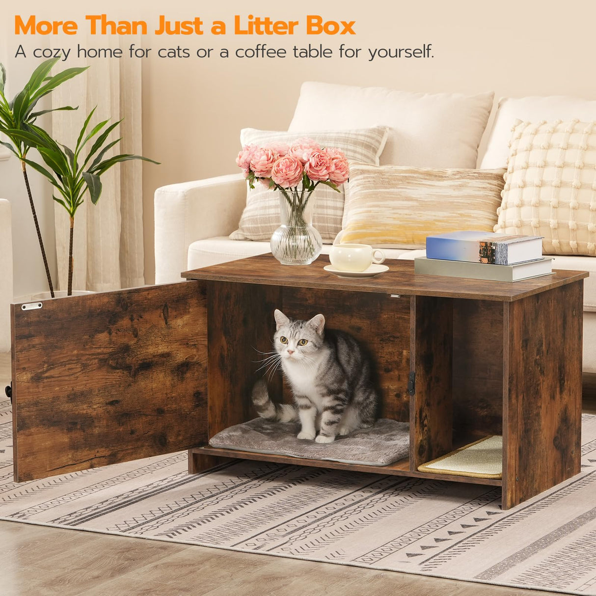 HOOBRO Cat Litter Box Enclosure with Rattan Door, Hidden Litter Box Furniture, Litter Box Enclosure with Adhesive Cat Scratching Mat, Coffee Table, 31.4" L x 17.7" W x 18.1" H, Rustic Brown FY18MW01 HOOBRO
