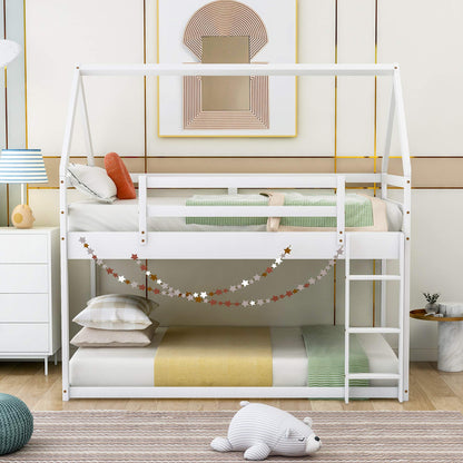 LOSTCAT House-Shaped Twin Over Twin Low Bunk Bed Frame in White – Solid Pine Wood with Safety Guardrail & Ladder - WoodArtSupply