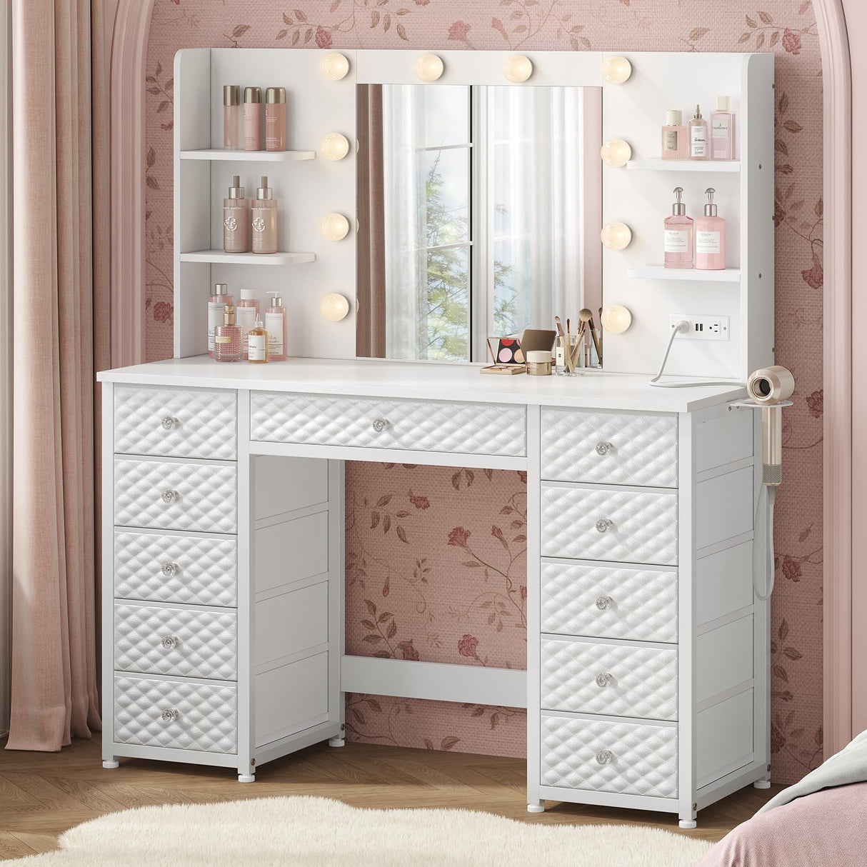 HAUOMS Vanity with Lights and Mirror, 11 Drawer Makeup Vanity with Power Strip, 6 Open Shelves, 43.3” Vanity Desk with Storage, Dressing Table with 3 Color Modes for Bedroom, Women, Girls (White) HAUOMS