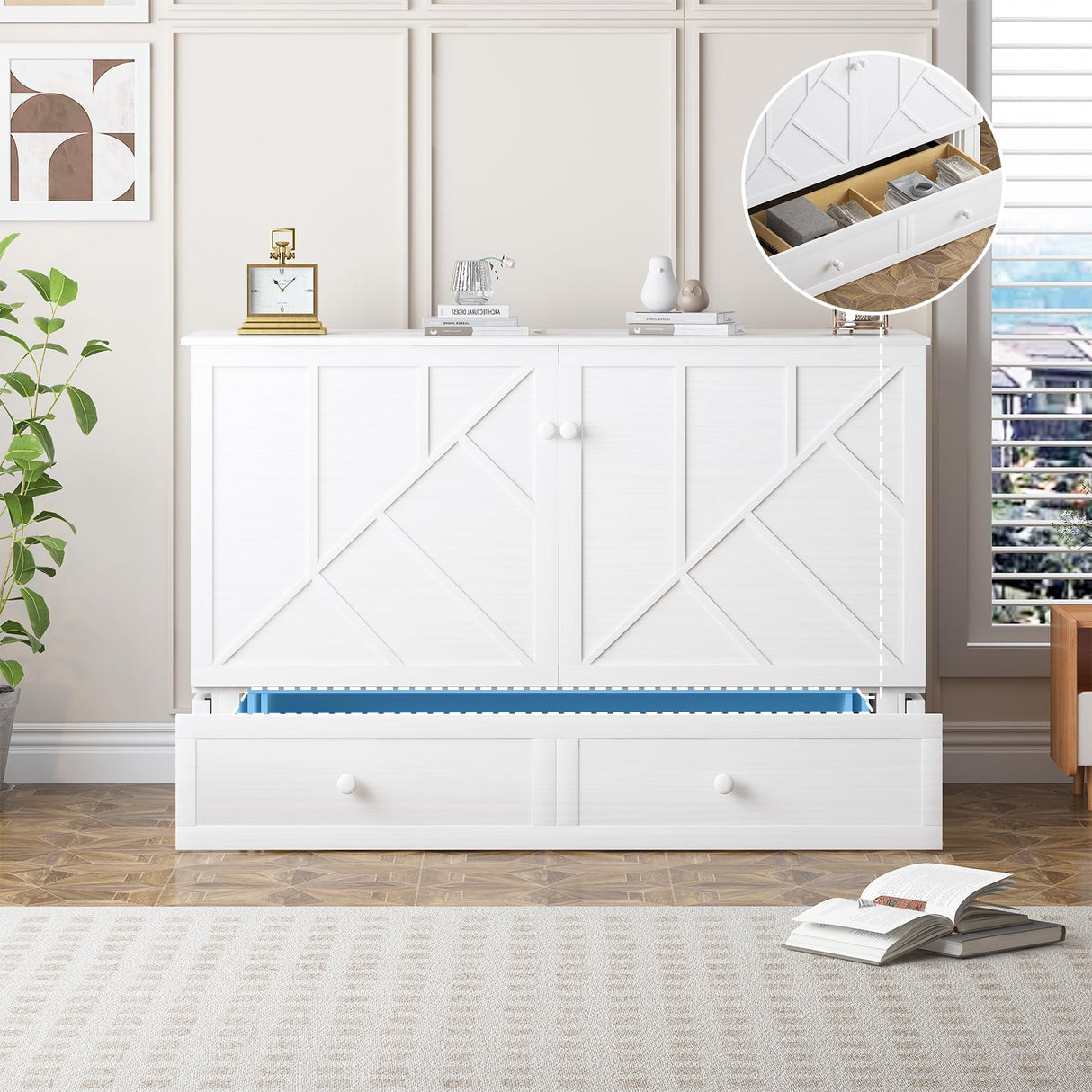 PUREMIND Murphy Bed Queen with Mattress Included - Solid Wood Hideaway Cabinet Bed with 2 Storage Drawers, USB Charging Ports & Headboard - Space-Saving Chest Beds for Home, Guest Room, White PUREMIND