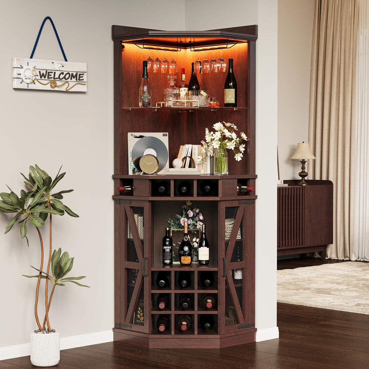 IRONCK Corner Bar Cabinet, 72.4" Tall Wine Cabinet with LED Light & Tempered Glass Rack, Home Bar Liquor Cabinet & Coffee Bar with Barn Door & Adjustable Shelf for Living Room, Dining Room, Red Walnut IRONCK