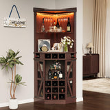 IRONCK Corner Bar Cabinet, 72.4" Tall Wine Cabinet with LED Light & Tempered Glass Rack, Home Bar Liquor Cabinet & Coffee Bar with Barn Door & Adjustable Shelf for Living Room, Dining Room, Red Walnut IRONCK