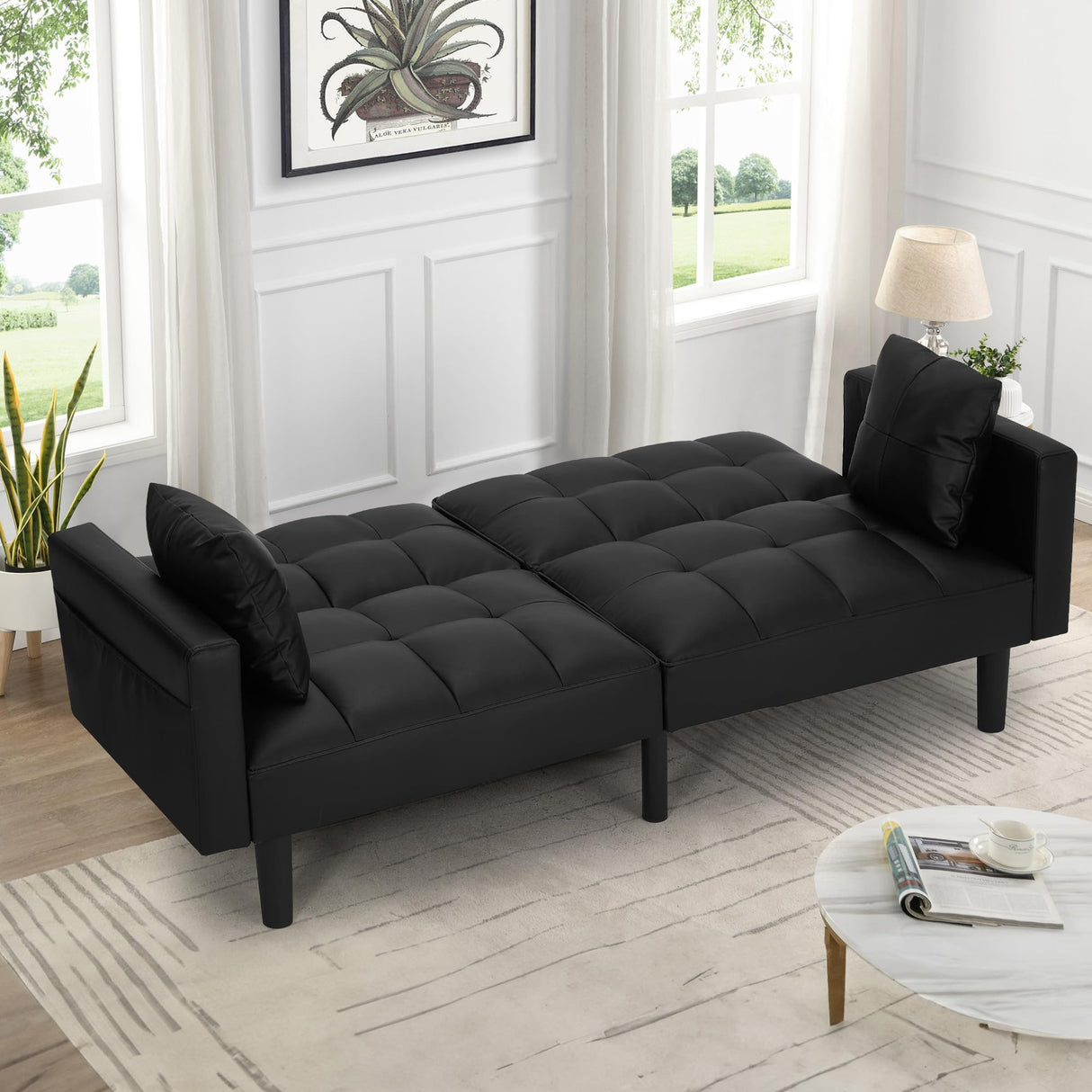 AVAWING Futon Sofa Bed, Modern Leather Convertible Upholstered Sleeper Couch with Adjustable Back, Arms and High Strength Nylon Legs for Living Room, Apartment, Office (Black) AVAWING