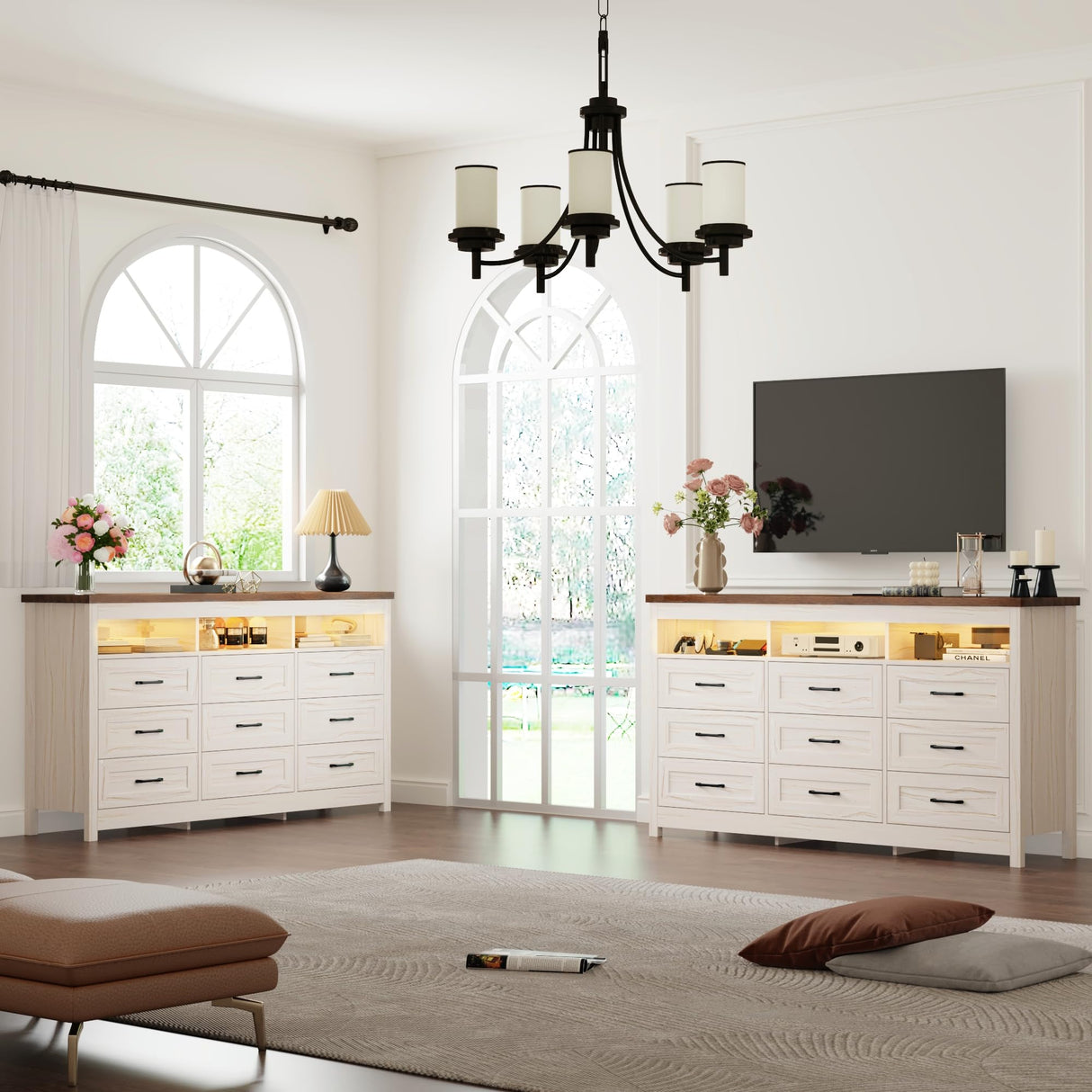 Hlivelood Farmhouse 9 Drawer Dresser with LED Lights, 63" Wide Large Chest of Drawers for Bedroom, Modern Wood Dresser Storage Organizer with Charging Station for Living Room, Bedroom, Hallway, Beige Hlivelood