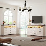 Hlivelood Farmhouse 9 Drawer Dresser with LED Lights, 63" Wide Large Chest of Drawers for Bedroom, Modern Wood Dresser Storage Organizer with Charging Station for Living Room, Bedroom, Hallway, Beige Hlivelood