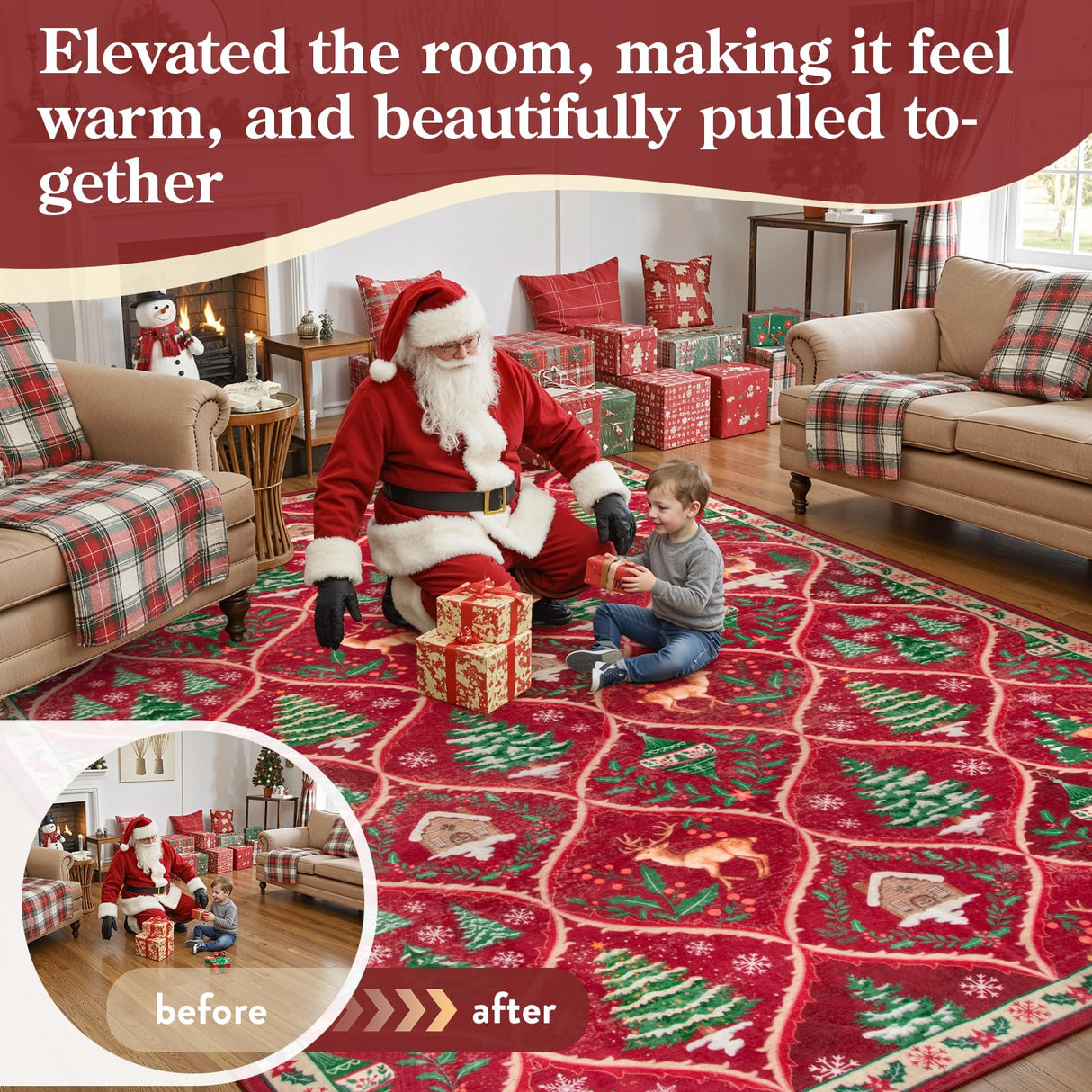 Lahome Christmas Living Room Rug, 5x7 Print Christmas Reindeer Rugs for Bedroom Aesthetic Large Washable Carpet, Soft Xmas Tree Stain Resistance Dining Room Carpets for Under Table (Red) Lahome