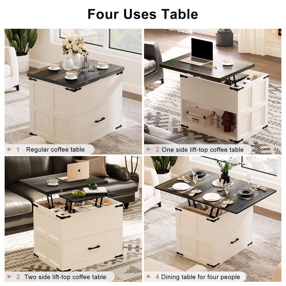 FABATO Lift Top Coffee Table, Farmhouse Coffee Table, Convertible Coffee Table with Storage and Drawer, Multifunctional Center Table Converts to Dining Game Table for Living Room, Antique White FABATO