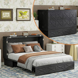 Solid Wood Murphy Bed Queen: Space Saving Retro Brown Black Murphy Bed Cabinet (Not Included Mattress) with USB Port, Solid Wood Wall Murphy Chest Queen with Large Drawer for Guest Room/Bedroom ClassyCabin