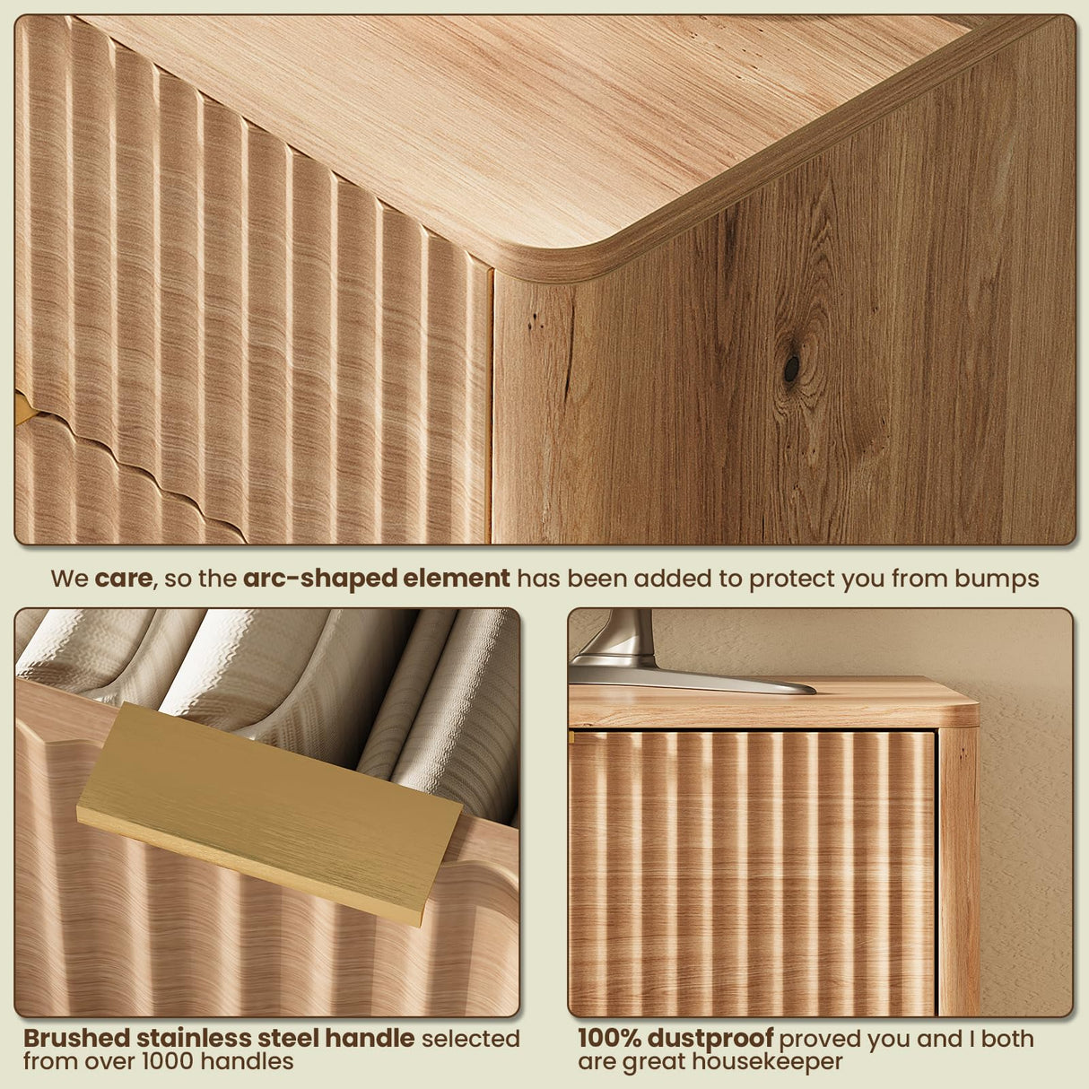 TROJM 47'' Wide 6 Drawers Dresser for Bedroom,Modern Fluted Vertical Chest with Rounded Corners,Fluted Dresser for Living Room,Hallway, Natural Wood TROJM