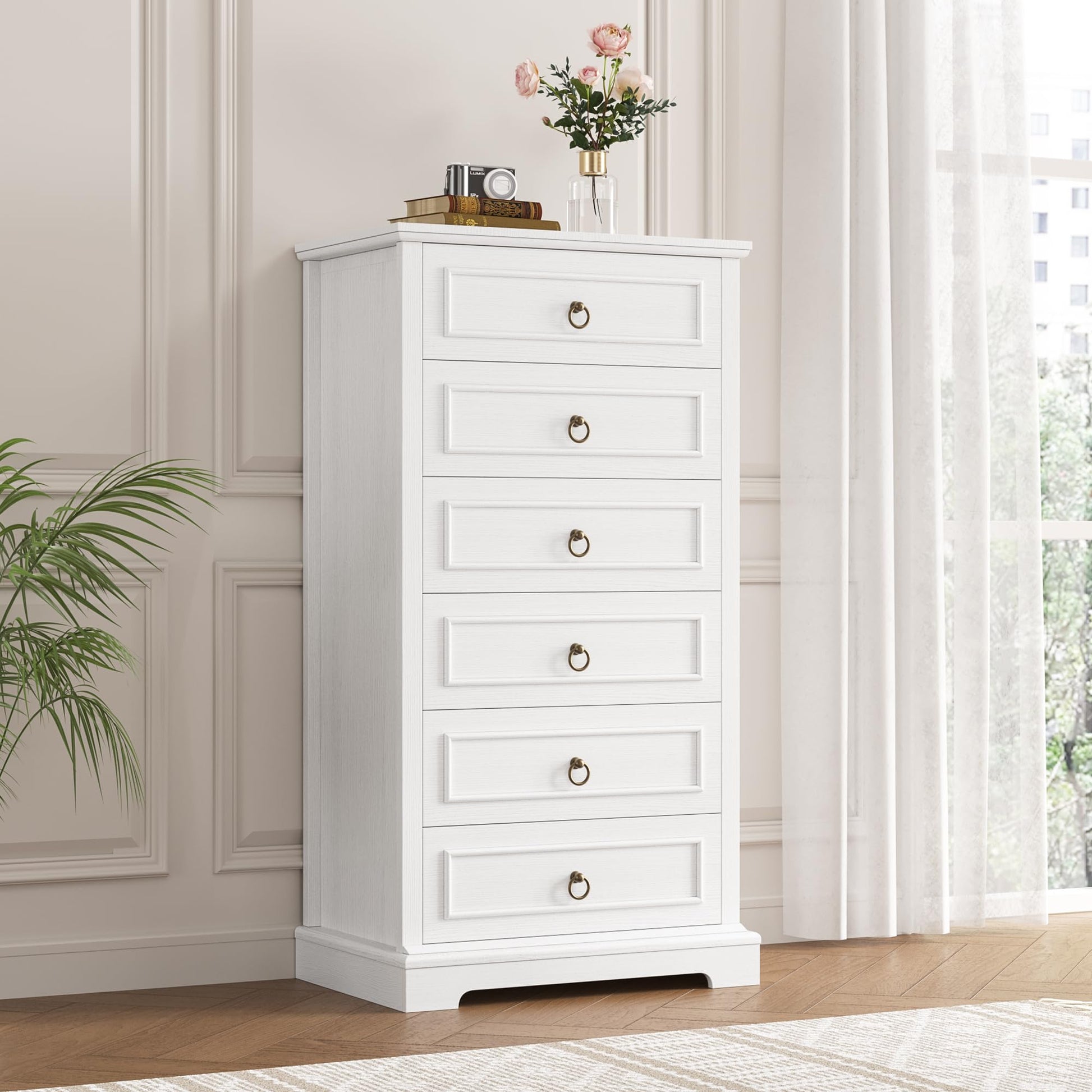 HOSTACK White Dresser for Bedroom, 52" Tall Dresser, Vertical 6 Drawer Dresser, Modern Farmhouse Chest of Drawers, Wood Closet Dresser Storage Dresser Chest for Living Room, Hallway, Entryway - WoodArtSupply