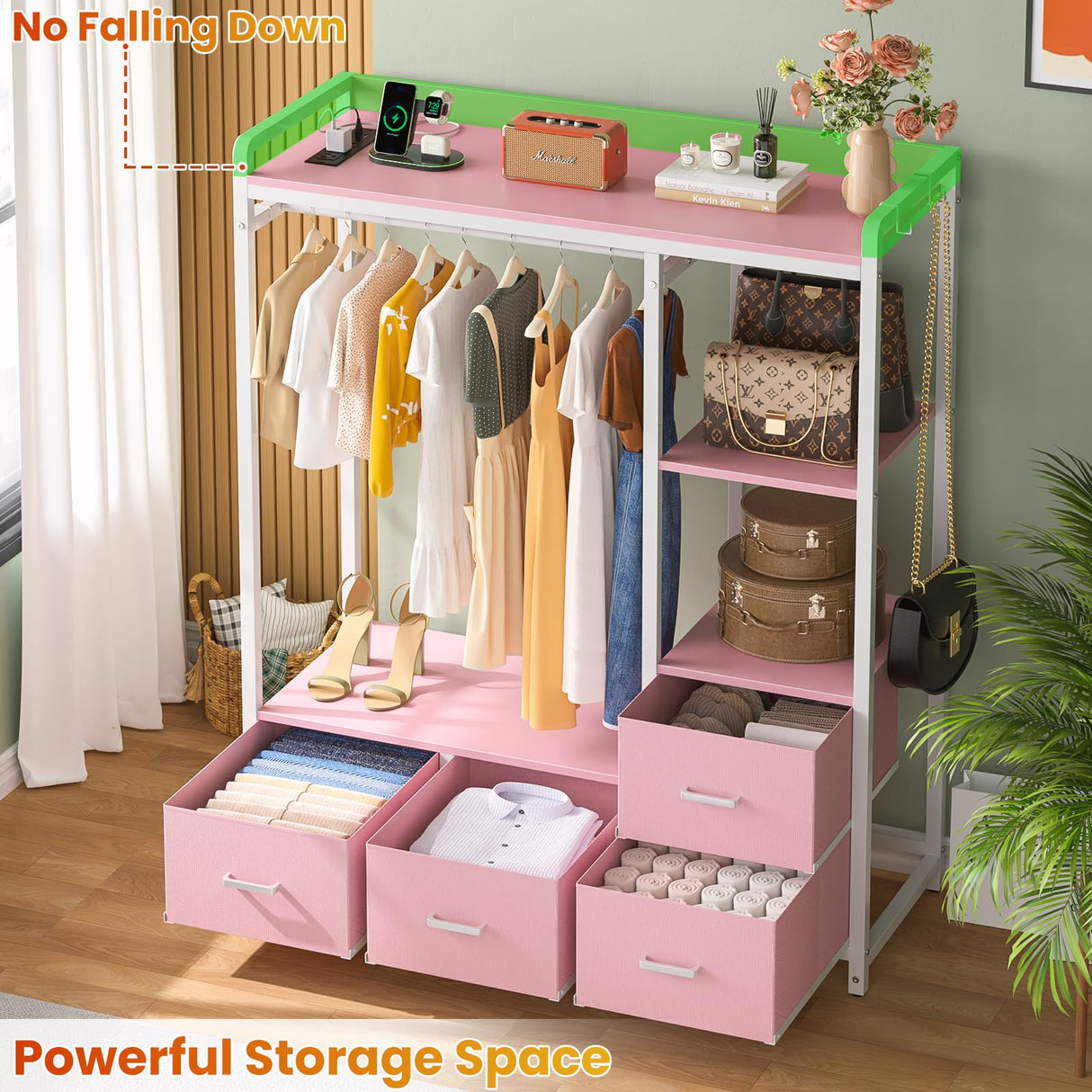 Cyclysio Dresser with Hanger Rack, 4 Drawers Dresser for Bedroom with Power Outlet and LED Lights, Cute Dresser with Storage Shelf for Bedroom Living Room, Pink Cyclysio