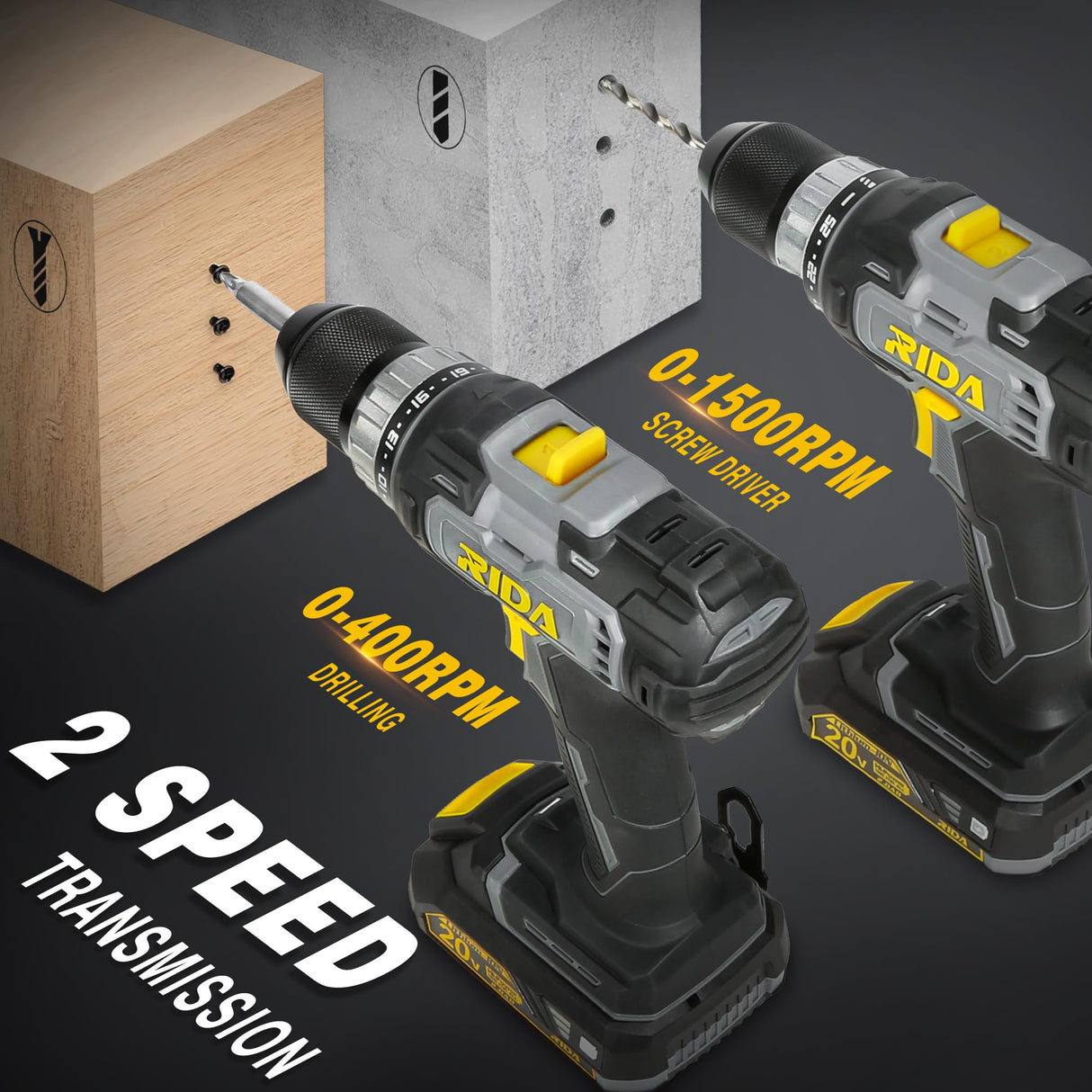 RIDA Cordless Drill Power Drill Cordless 20V 1/2'' Keyless Metal Chuck 355 In-lb(40N.m) Torque with 2.0AH Li-ion Battery & Fast Charger, Variable Speed, 25+1 Position and 22pcs Bits RIDA