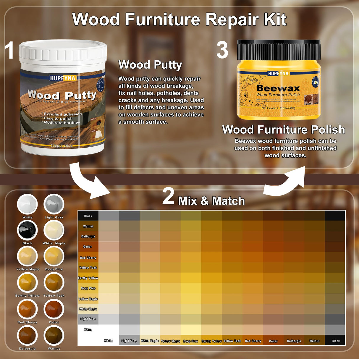 Hupeyna Wood Furniture Repair Kit, 21 Pcs Touch Up Wood Putty, Wood Fillers and Beeswax - Repair Cracks, Scratch, Hole, Discoloration for Wooden Floor, Door, Laminate, Table, Cabinet Surfaces Hupeyna