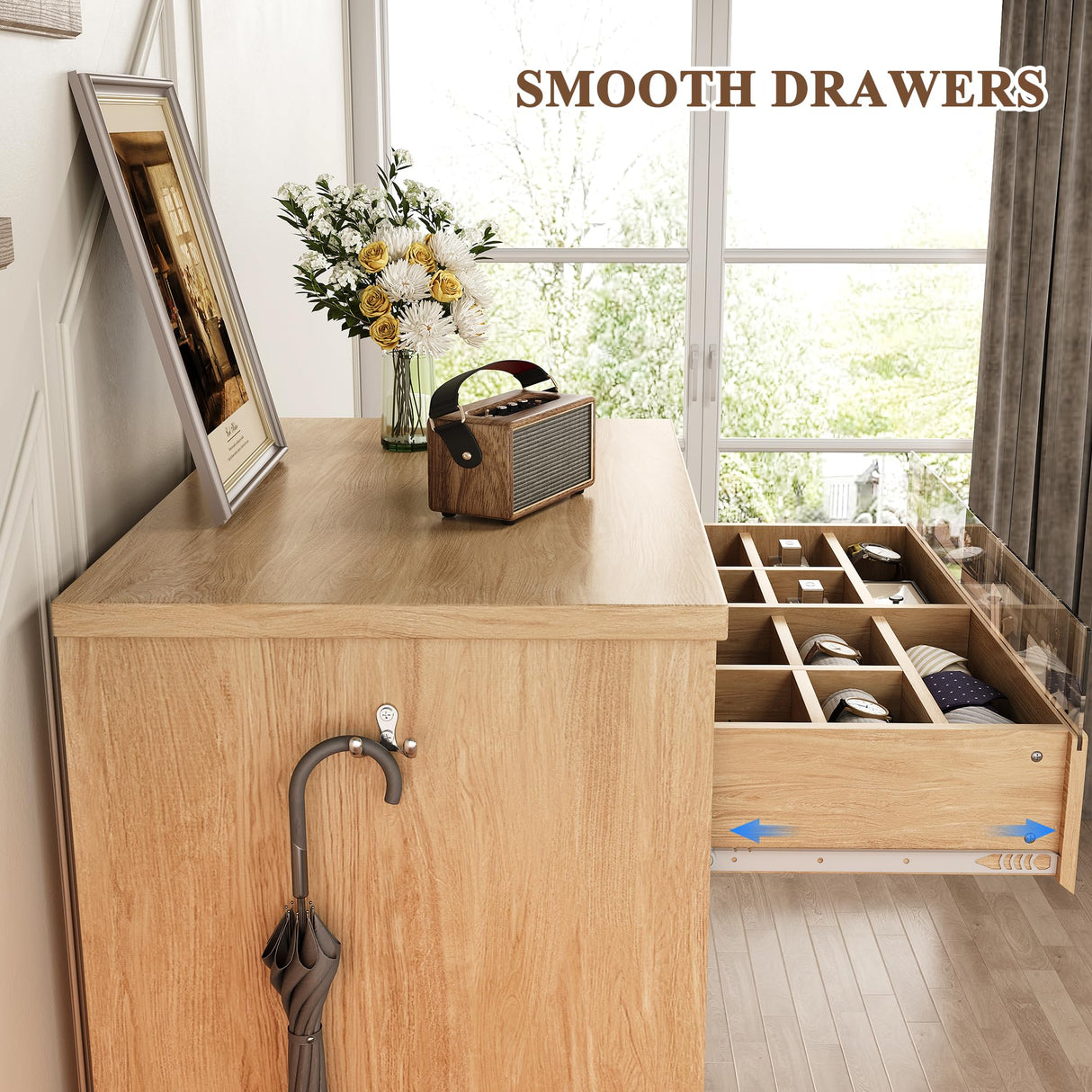 Jocoevol Larger Oak 5 Drawer Dresser for Bedroom with LED Light, Modern Chest of Drawers with Hidden Handles, Tall Wooden Dresser Closet for Living Room, Entryway, Hallway - Oak Jocoevol