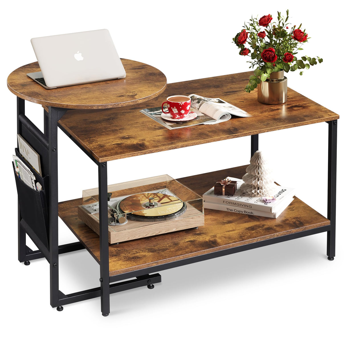 WLIVE Coffee Table, 31.3" and 18.7" Small Coffee Tables for Living Room, Modern Center Table and Side Table Set with Storage Side Pouch for Bedroom, Apartment, Rustic Brown WLIVE