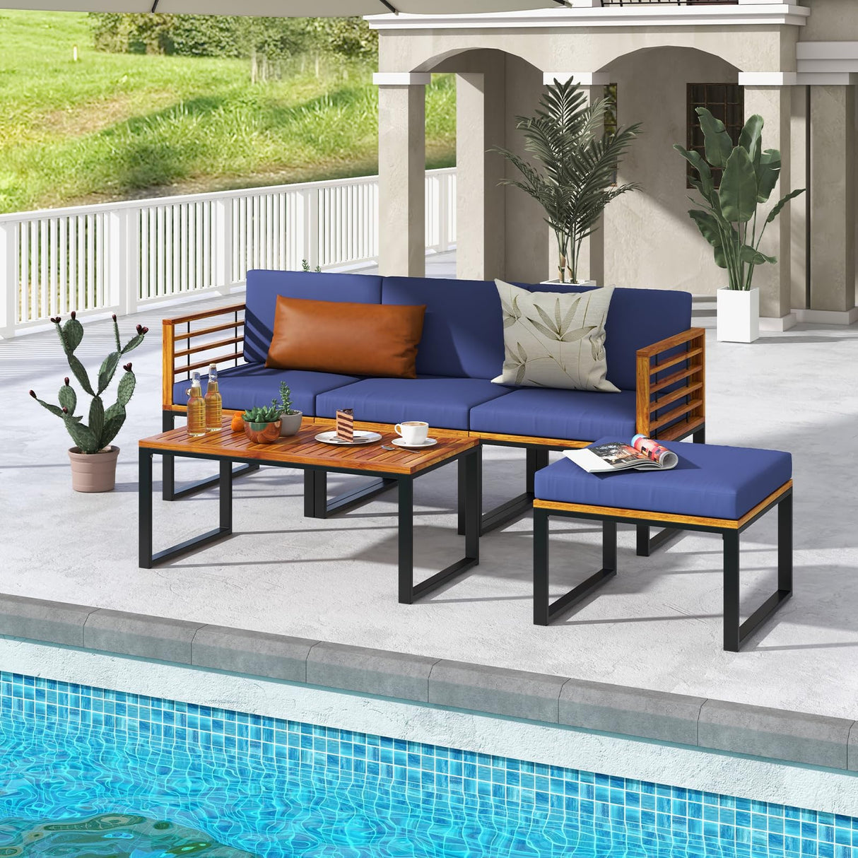 Tangkula 5 Pieces Patio Conversation Set, Acacia Wood Chair Set with Ottoman & Coffee Table, Comfy Seat & Back Cushions, Outdoor Wood Furniture Set for Backyard, Poolside, Garden Tangkula