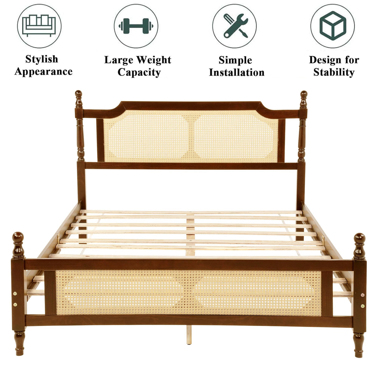 MoproBeti Queen Bed Frame with Rattan Headboard and Footboard, Rubber Wood Platform Bed Frame with Large Under Bed Storage,Boho and Mid Century Style, No Box Spring Needed, Easy Assembly,Walnut MoproBeti