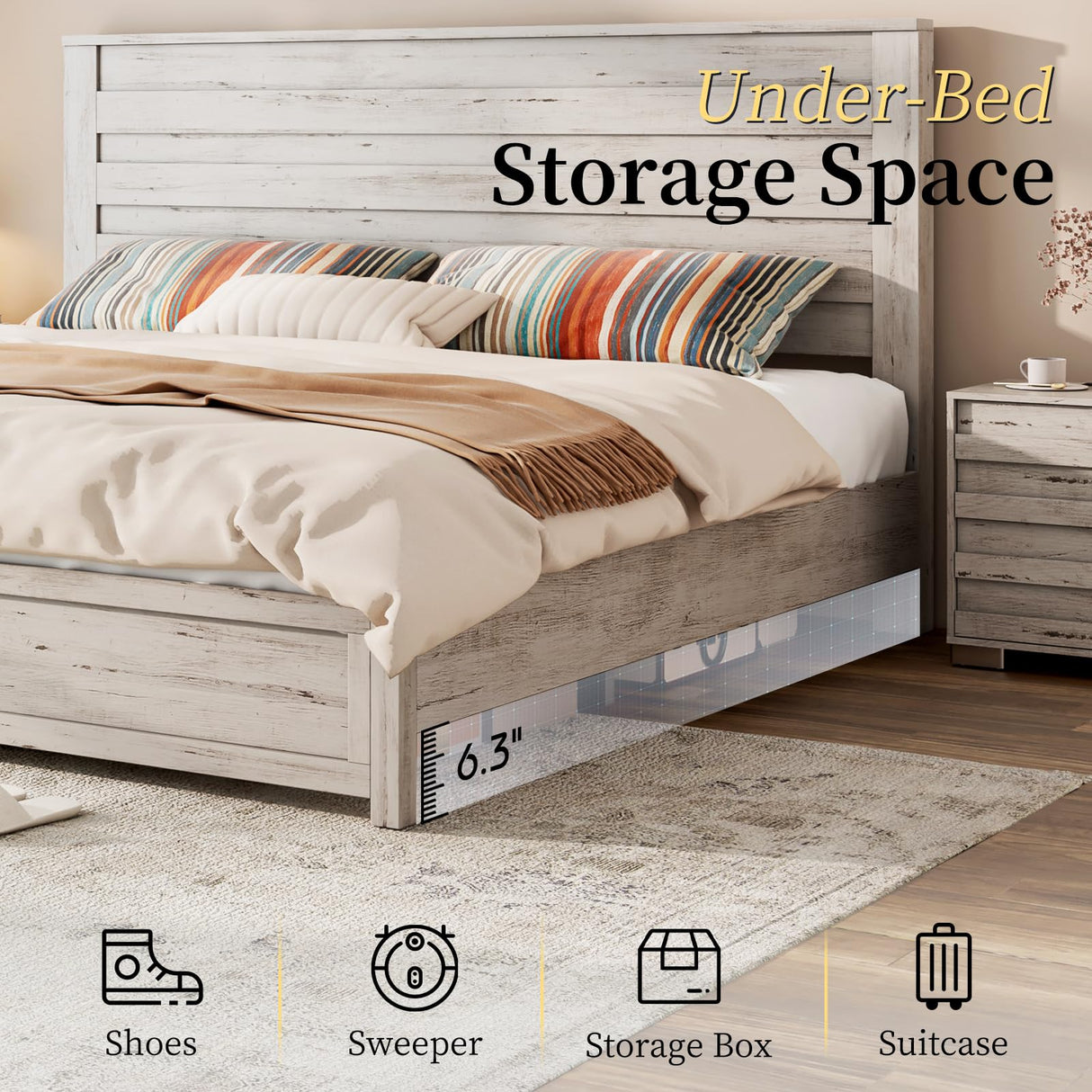 LUXOAK Farmhouse King Bed Frame with 49" Tall Headboard, Wooden Platform Beds with Hidden Metal Bed Frame, No Box Spring Needed/Easy Assembly, Distressed White LUXOAK