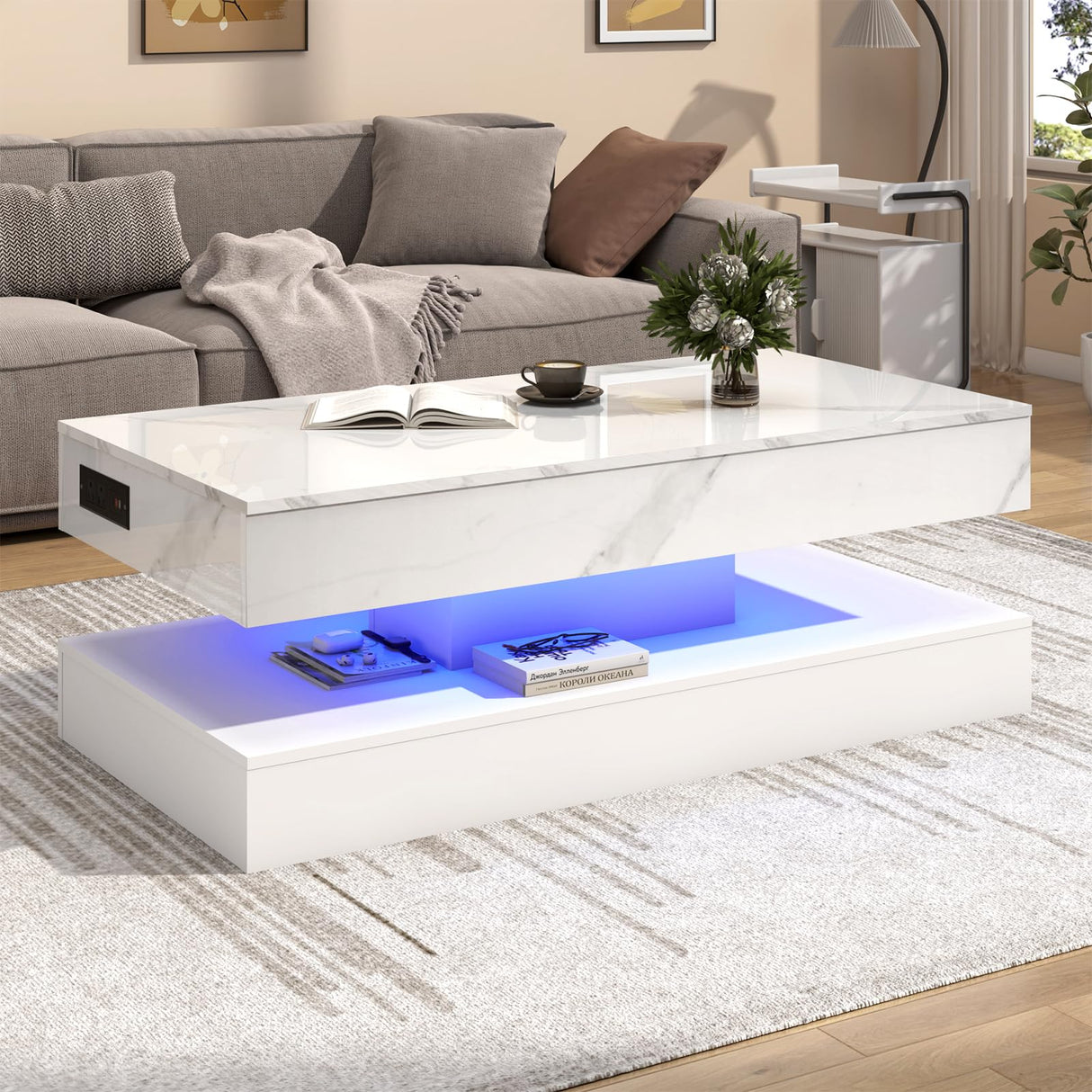chartustriable 47.2" Large Lift Top Coffee Table with Charging Station, LED Modern High Glossy Center Table with Hidden Compartment Storage, White Lift Living Room Tables with Marbling Print, White chartustriable