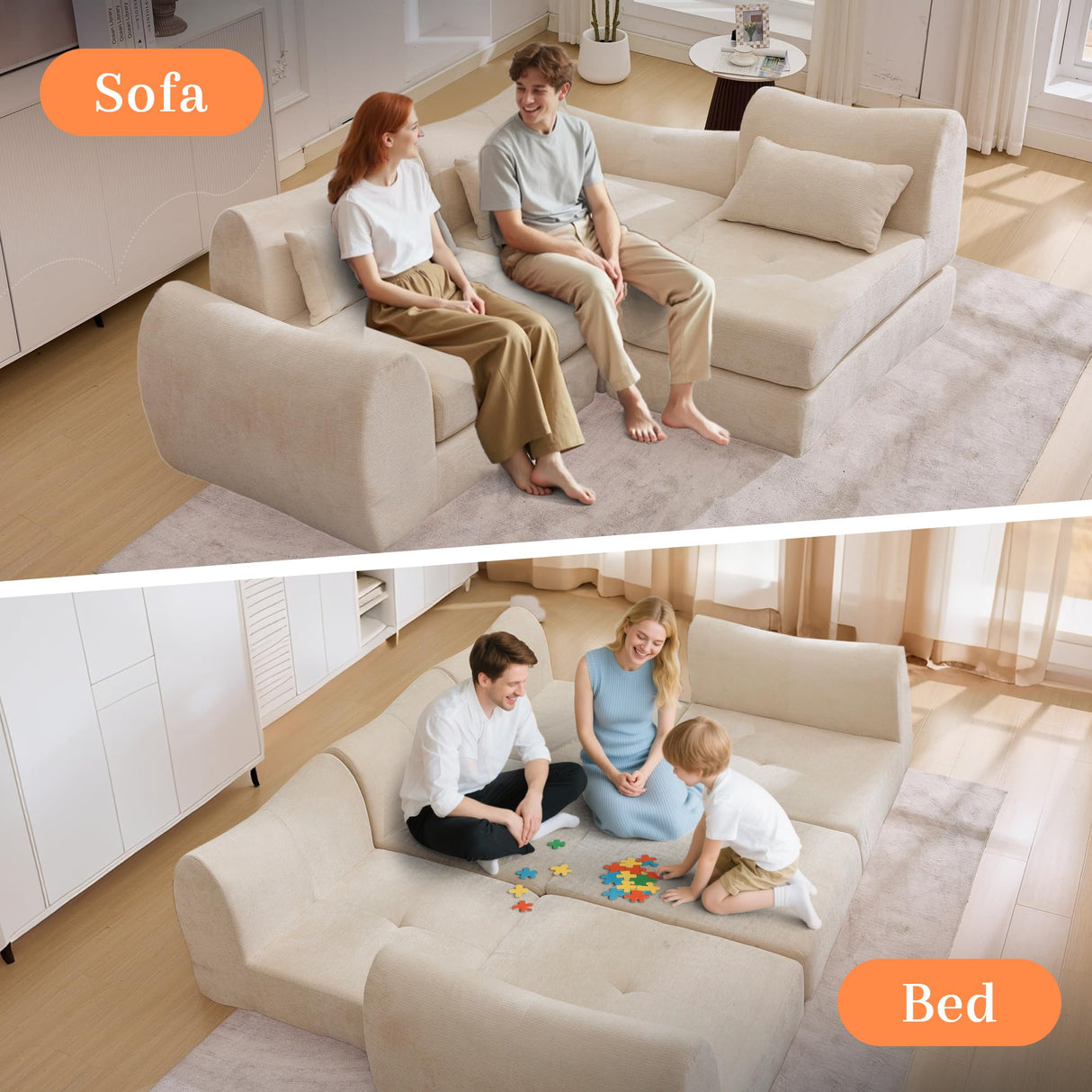 MAXMAXX 102" Cloud Sofa, 4-in-1 Folding Sofa Bed, Floor-Standing Boneless Couch, Futon Sofa Bed for Living Room, Bedroom and Entertainment Room (Beige) MAXMXX