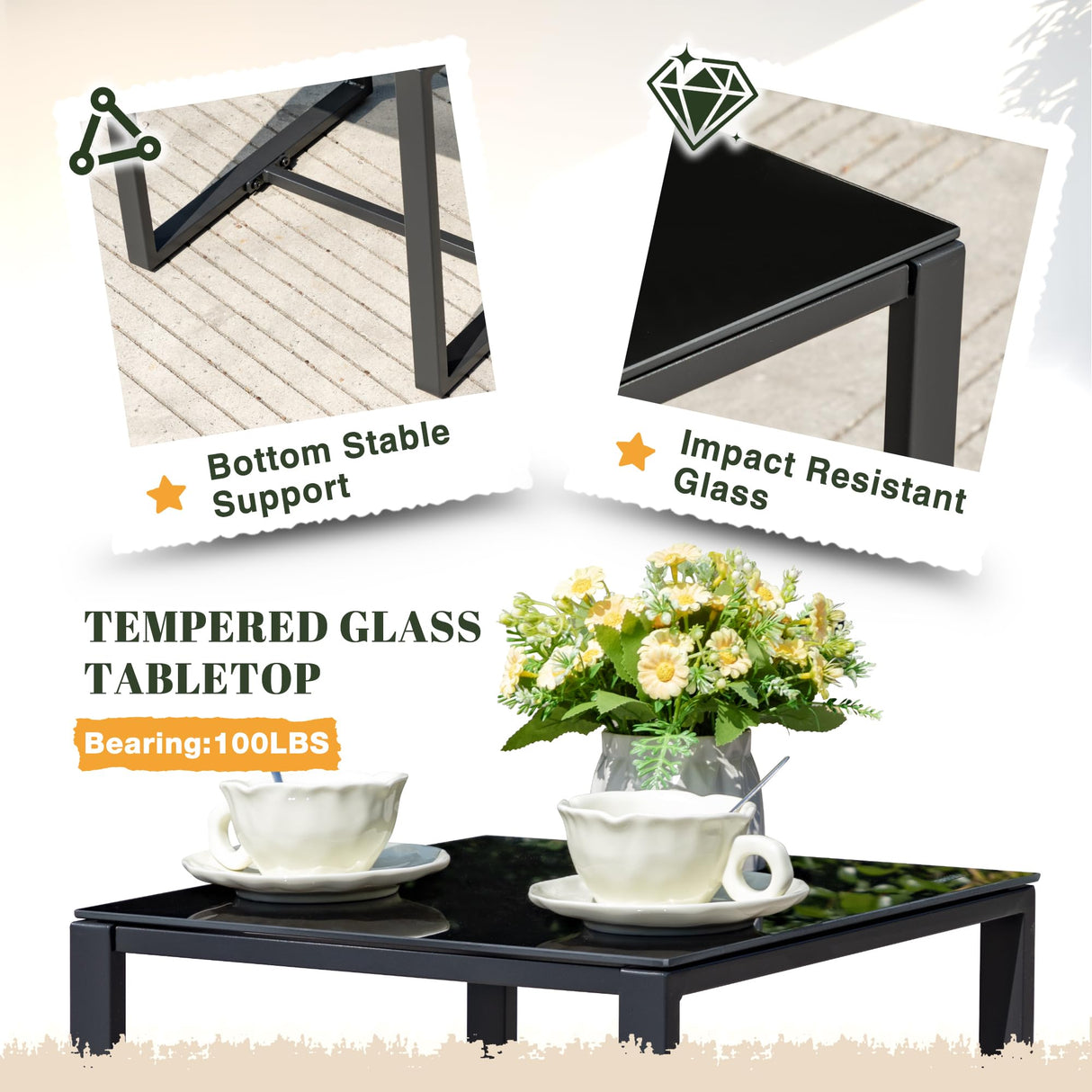 Devoko PP Patio Furniture Set 3 Piece All Weather Outdoor Rocking Chairs with Cushions and Coffee Table for Bistro Balcony Porch (Black) Devoko