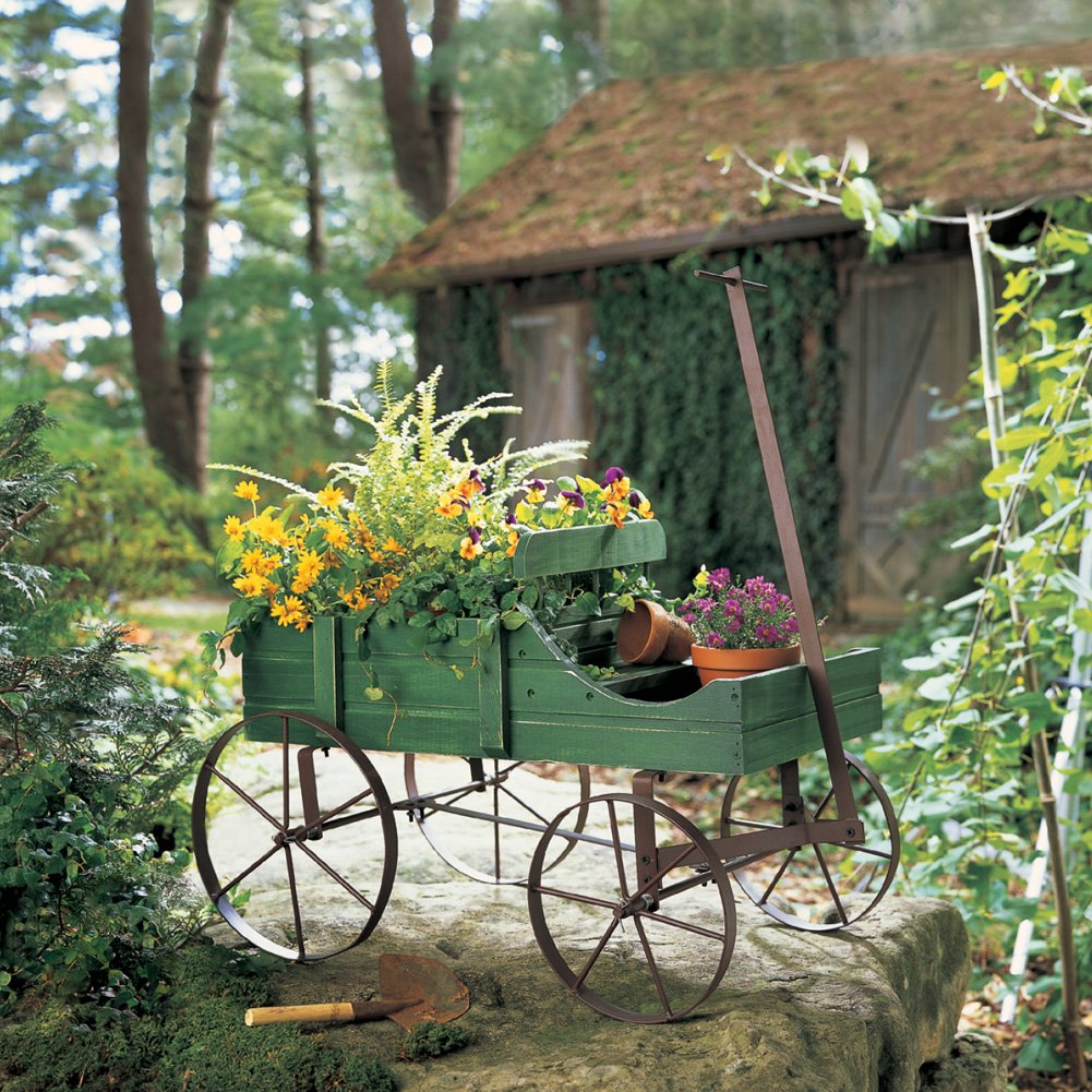 Collections Etc Amish Wagon Decorative Indoor/Outdoor Garden Backyard Planter, Green Collections Etc