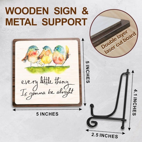 5" Wooden Sign Gift With Iron Stand-Every Little Thing Is Gonna Be Alright - Watercolor Adorable Birds, Positive Reminder,Office & Home motivational wood plaque, Desk Decor & Accessories- A08 Nuckxy