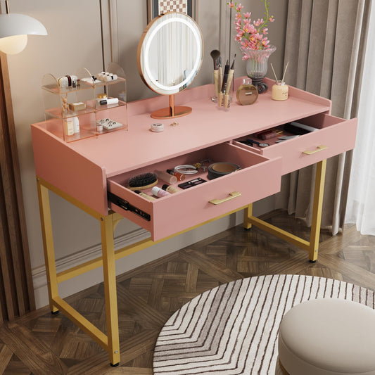 WESTREE Computer Gaming Desk Office - Study Writing Desk with Drawer for Teen, Bedroom Makeup Desk Home Office with Storage Shelf, Height Monitor Stand, Pink