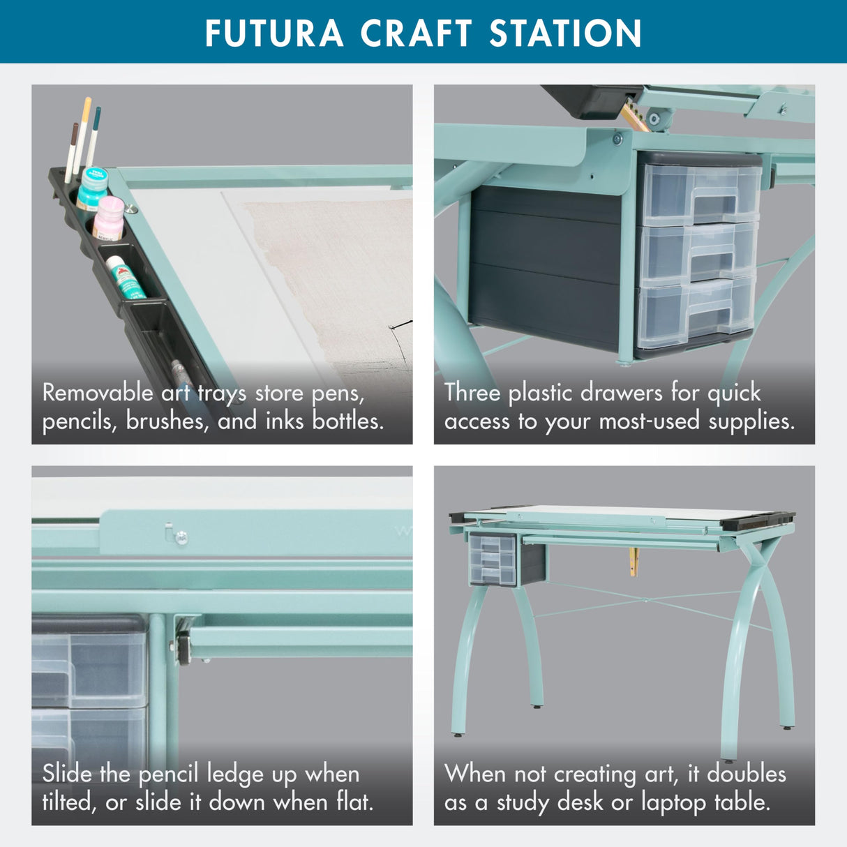 SD STUDIO DESIGNS Futura Craft & Drawing Table with Adjustable Tempered Safety Glass Top – Modern Art Desk with Storage Drawers, Pencil Ledge, Glossy Sage/Clear Glass SD STUDIO DESIGNS